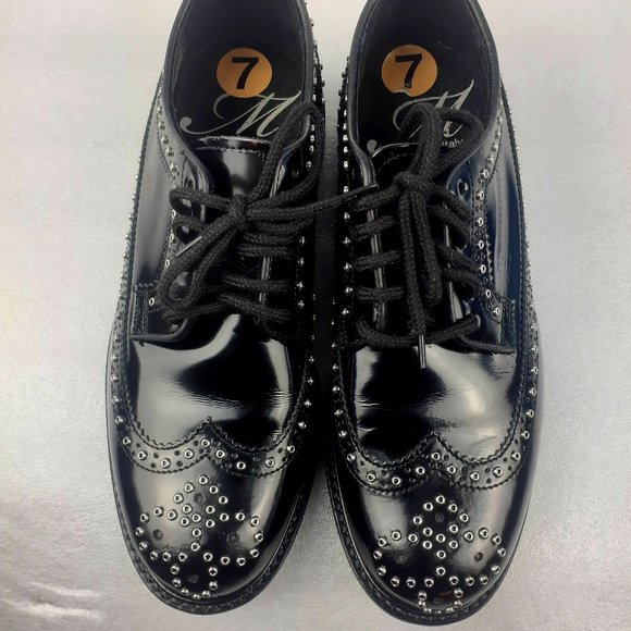 STUDDED POLISHED ITALIAN LEATHER Goth Wingtip Oxfords us6.5 Spring Bloggers - Picture 3 of 5